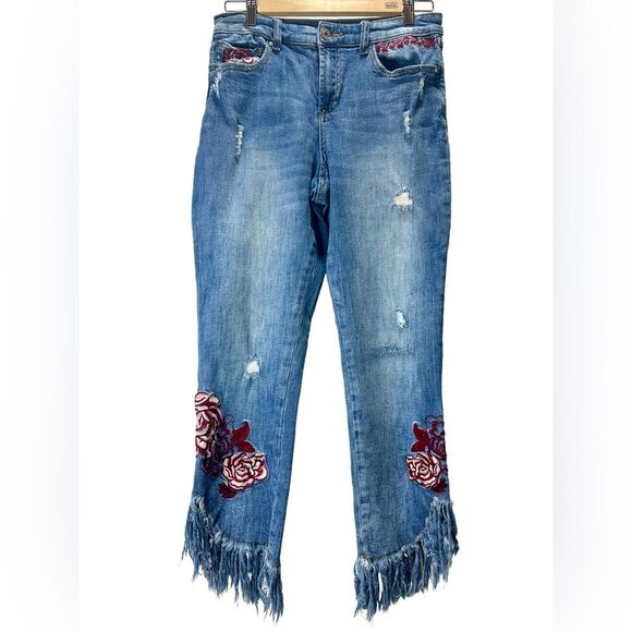 Denim - Inc Floral Embroidered skinny leg crop denim jeans with fringe bottom Size 10